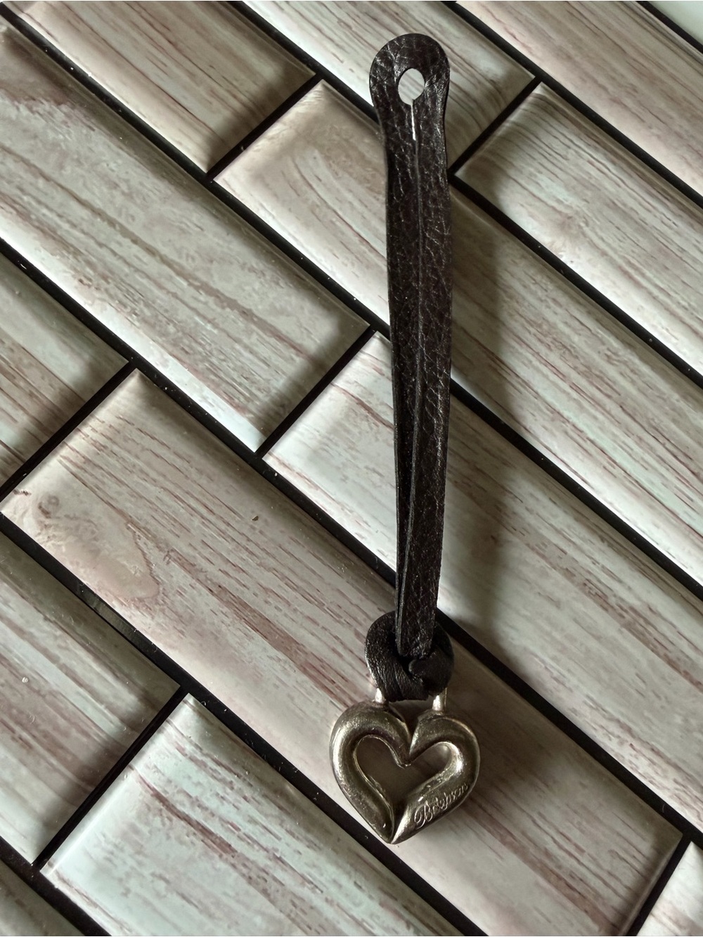 Brighton Heart Charm Leather Strap hang bag/Keychain - Dark Brown Silver tone